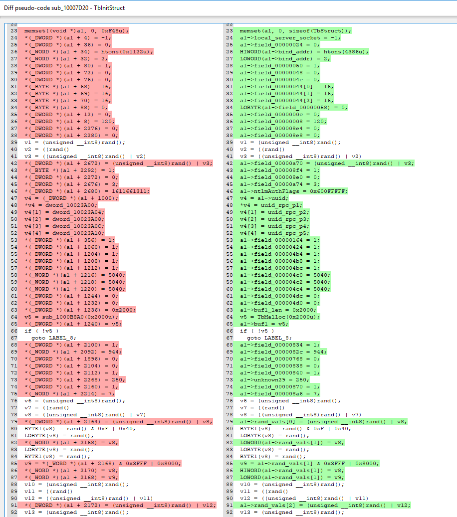 Diffing of TbInitStruct/sub_10007D20